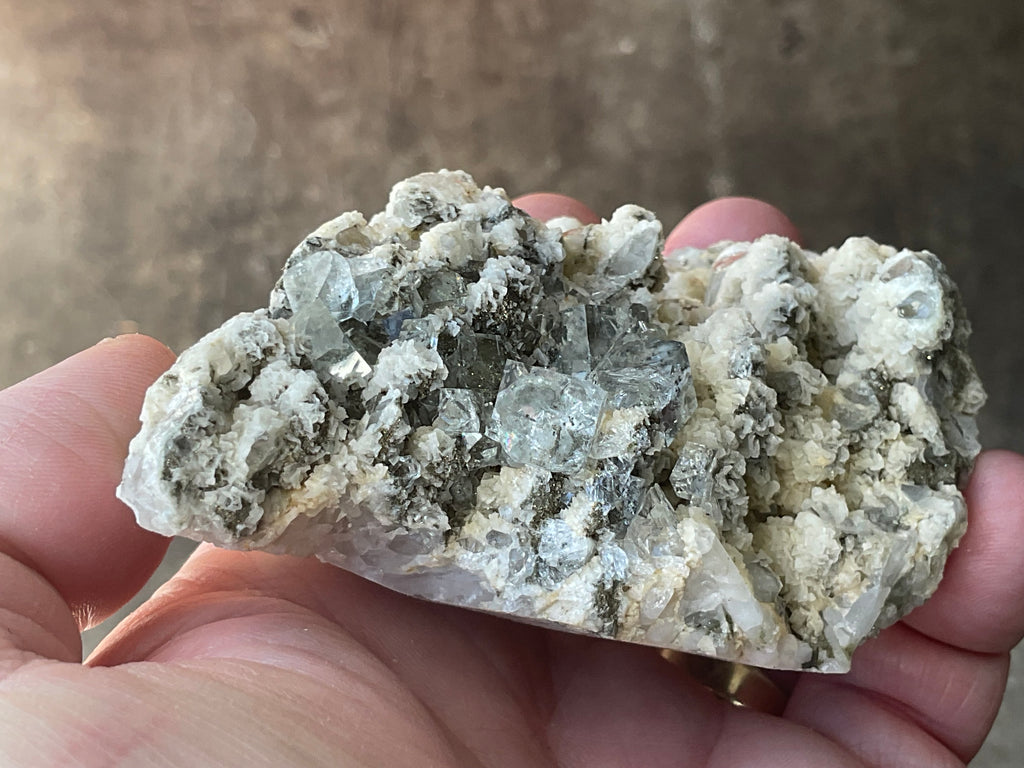 202g Quartz With Secondary Bladed Calcite, Chalcopyrite and Clear Cubic Fluorite Specimen
