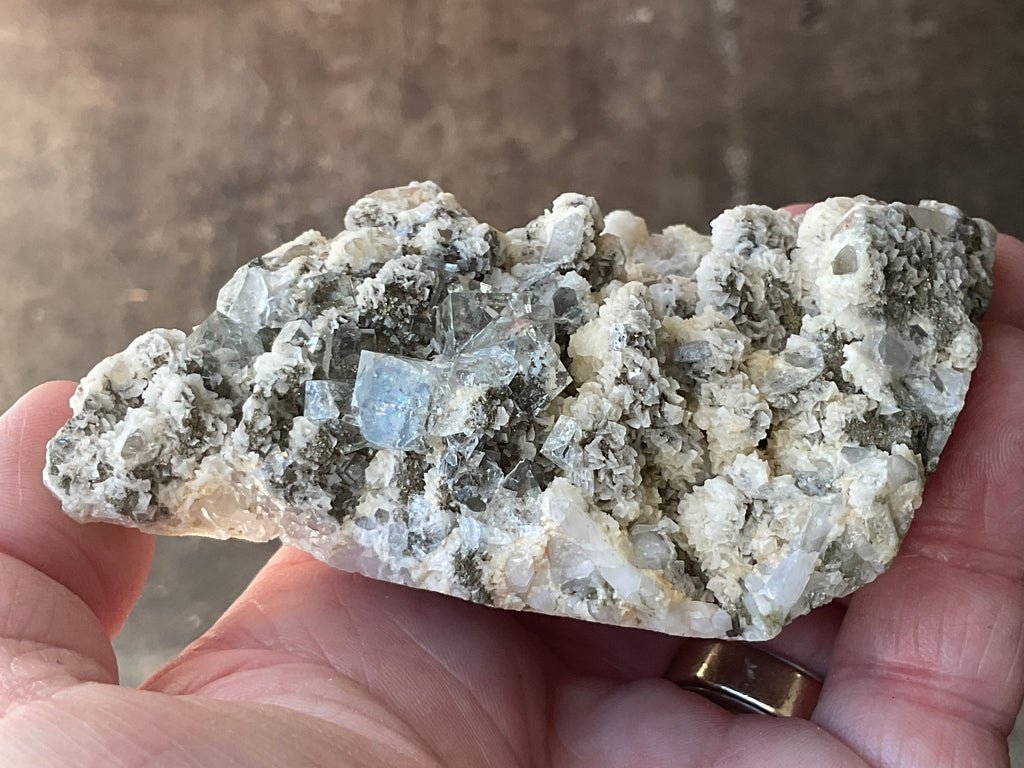 202g Quartz With Secondary Bladed Calcite, Chalcopyrite and Clear Cubic Fluorite Specimen