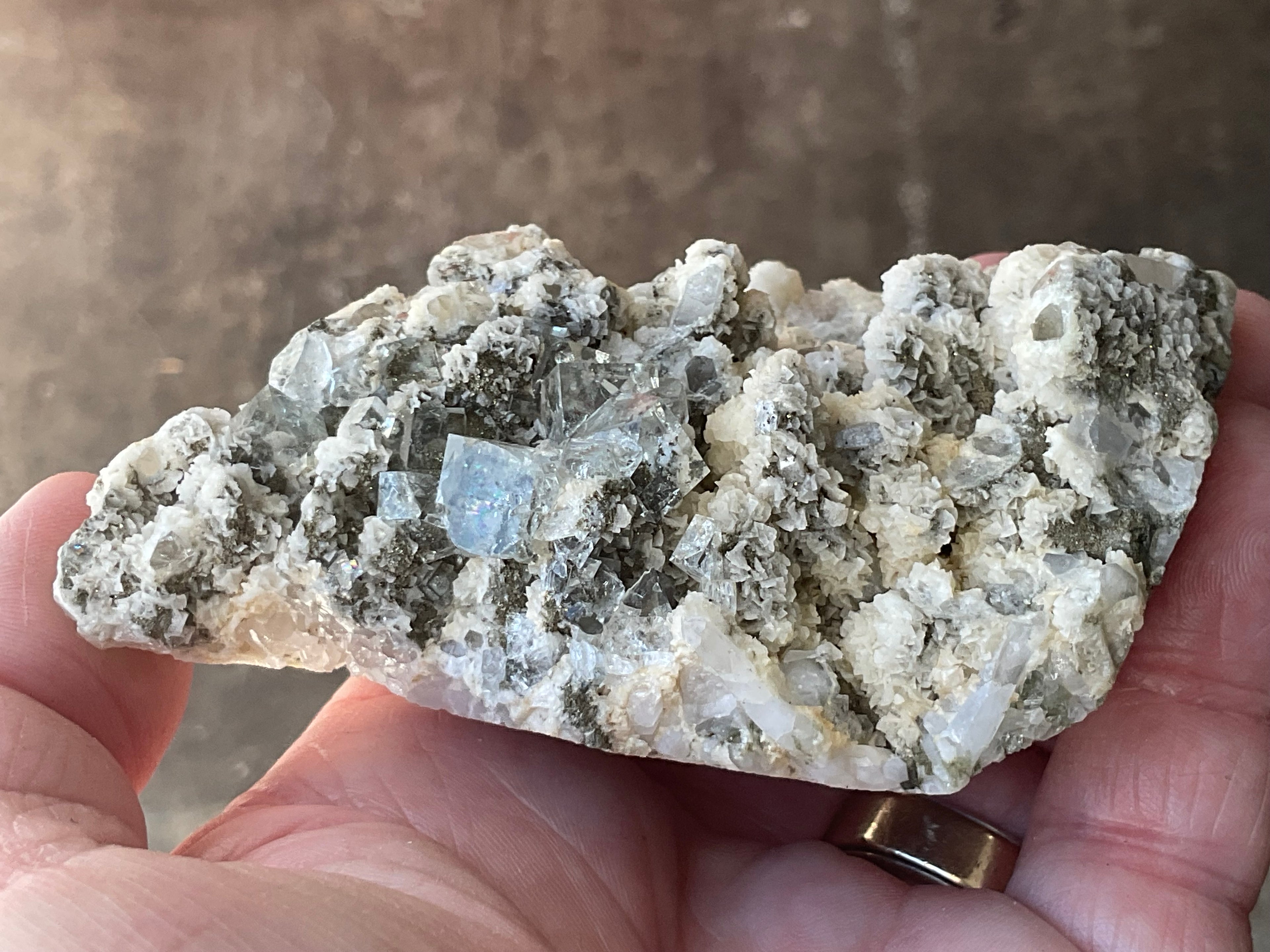 202g Quartz With Secondary Bladed Calcite, Chalcopyrite and Clear Cubic Fluorite Specimen