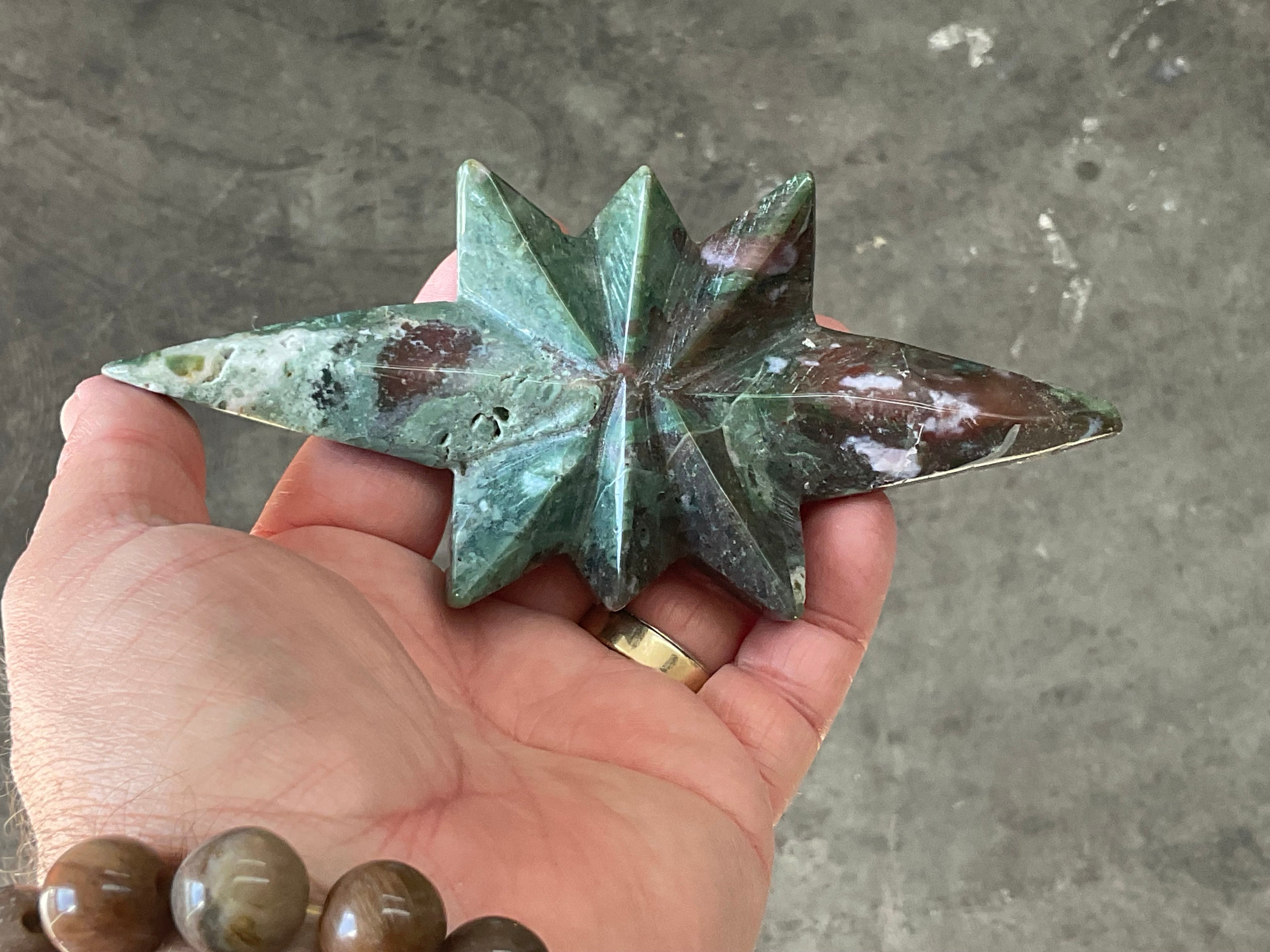 148g Ocean Jasper Polaris Carving with Custom Wooden Stand 5