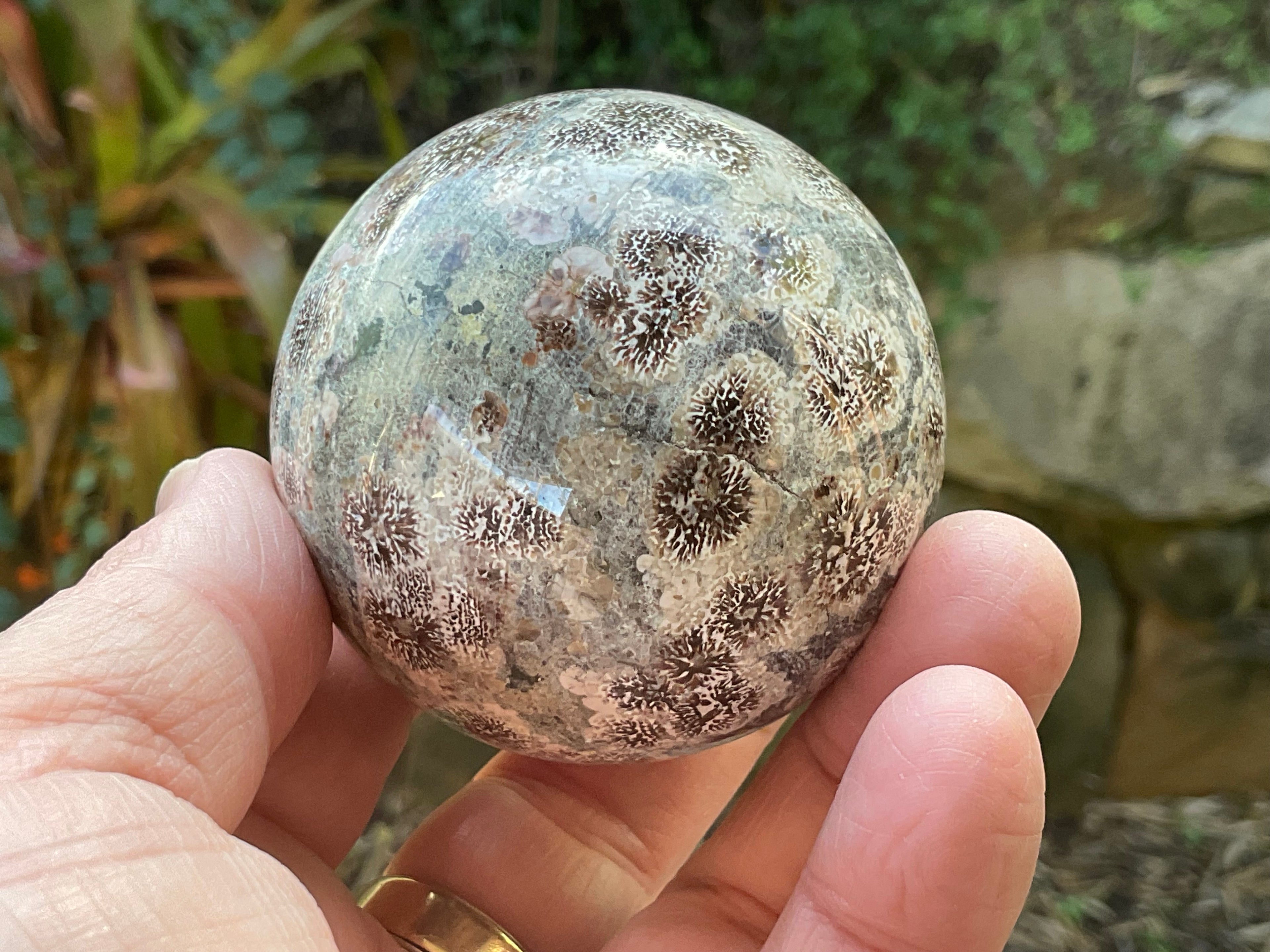 262g Green Cherry Blossom Jasper Sphere 6A