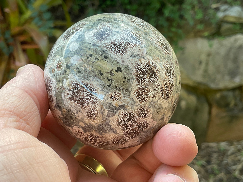 262g Green Cherry Blossom Jasper Sphere 6A