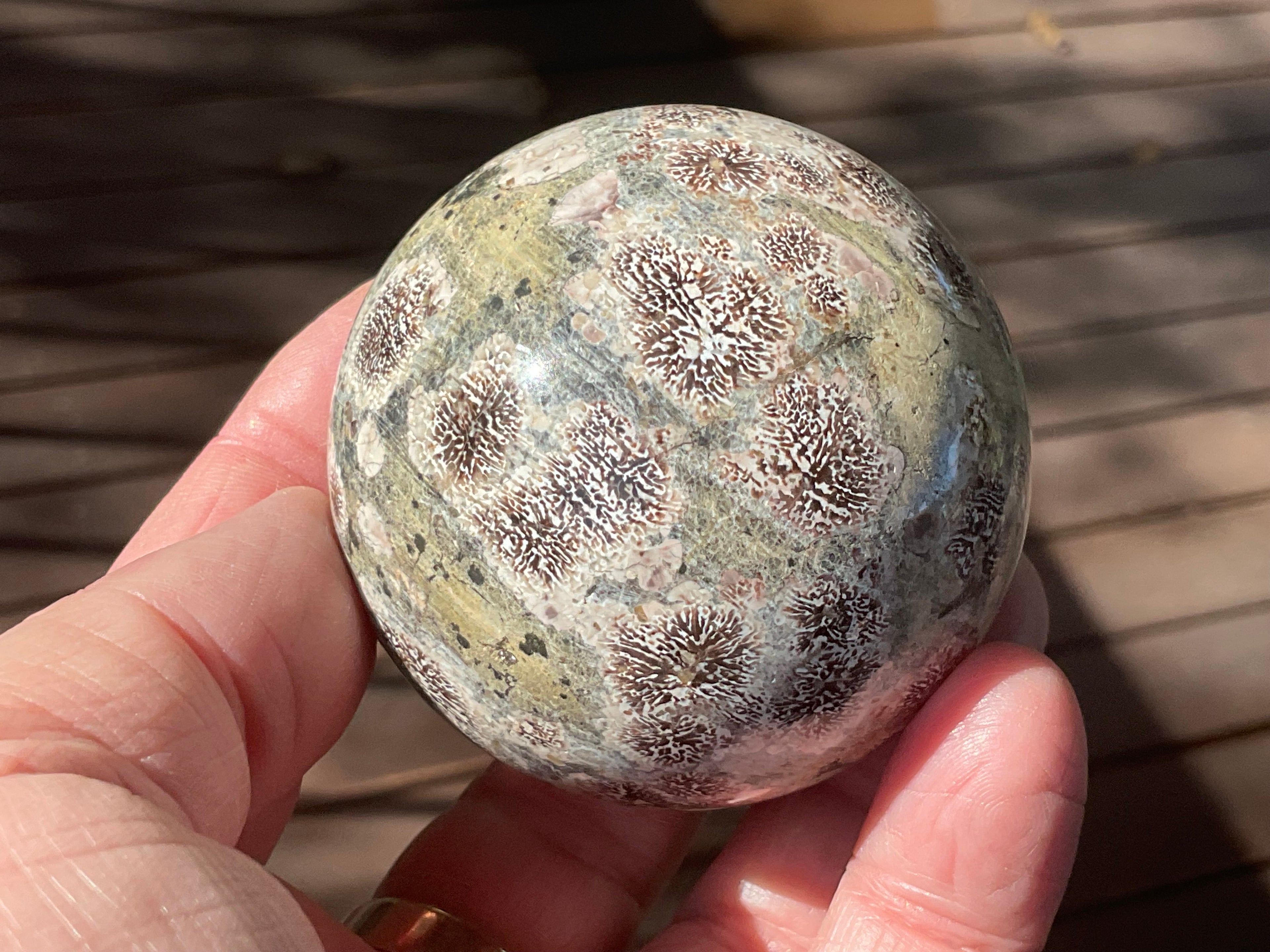 262g Green Cherry Blossom Jasper Sphere 6A