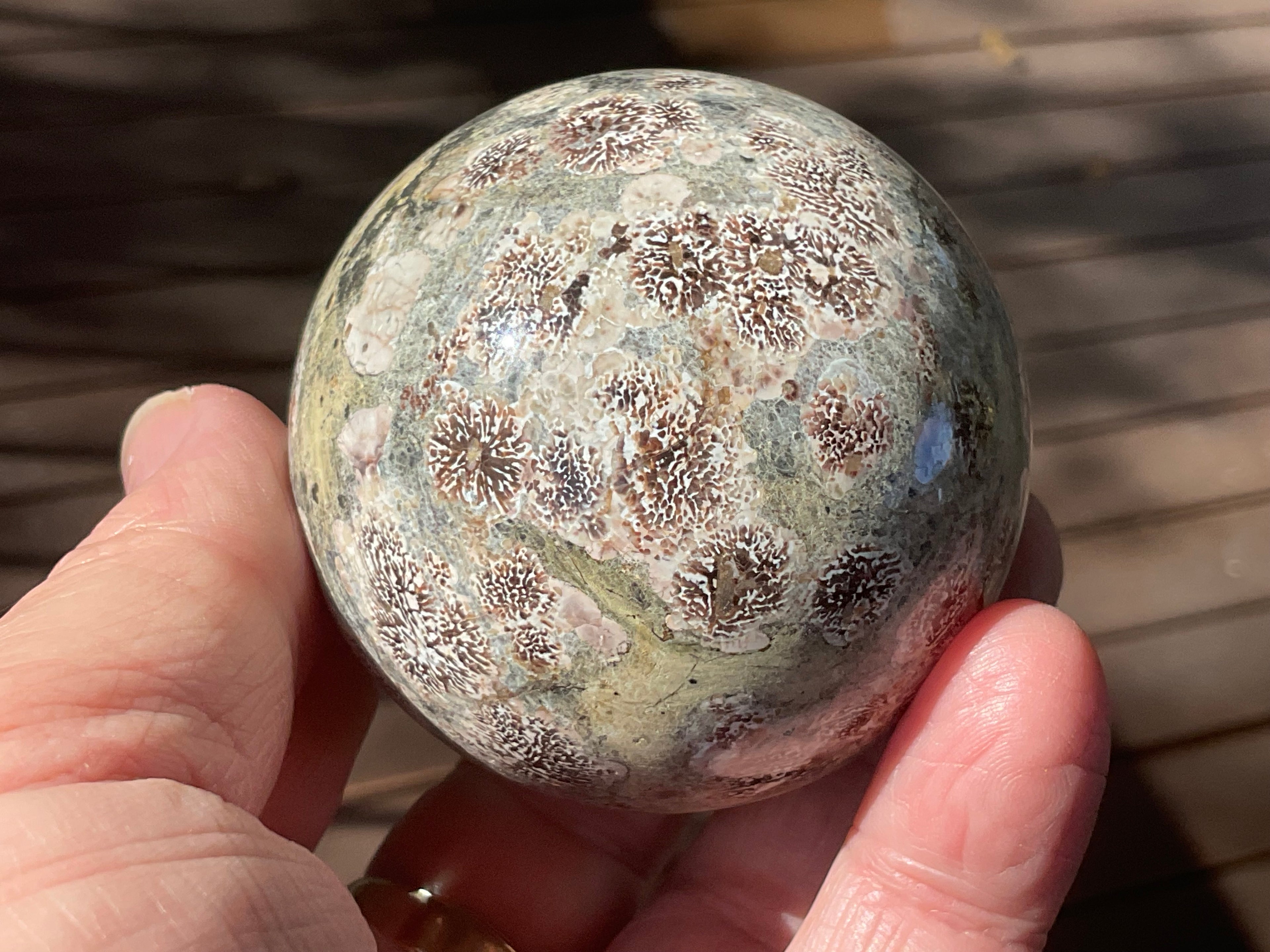 262g Green Cherry Blossom Jasper Sphere 6A