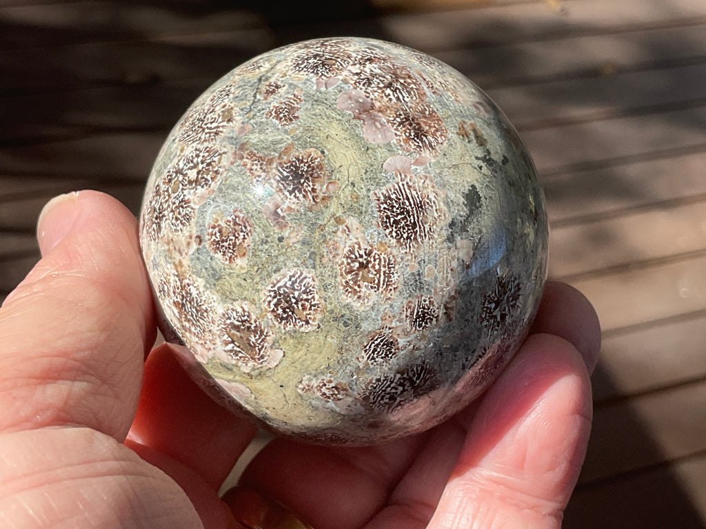 262g Green Cherry Blossom Jasper Sphere 6A