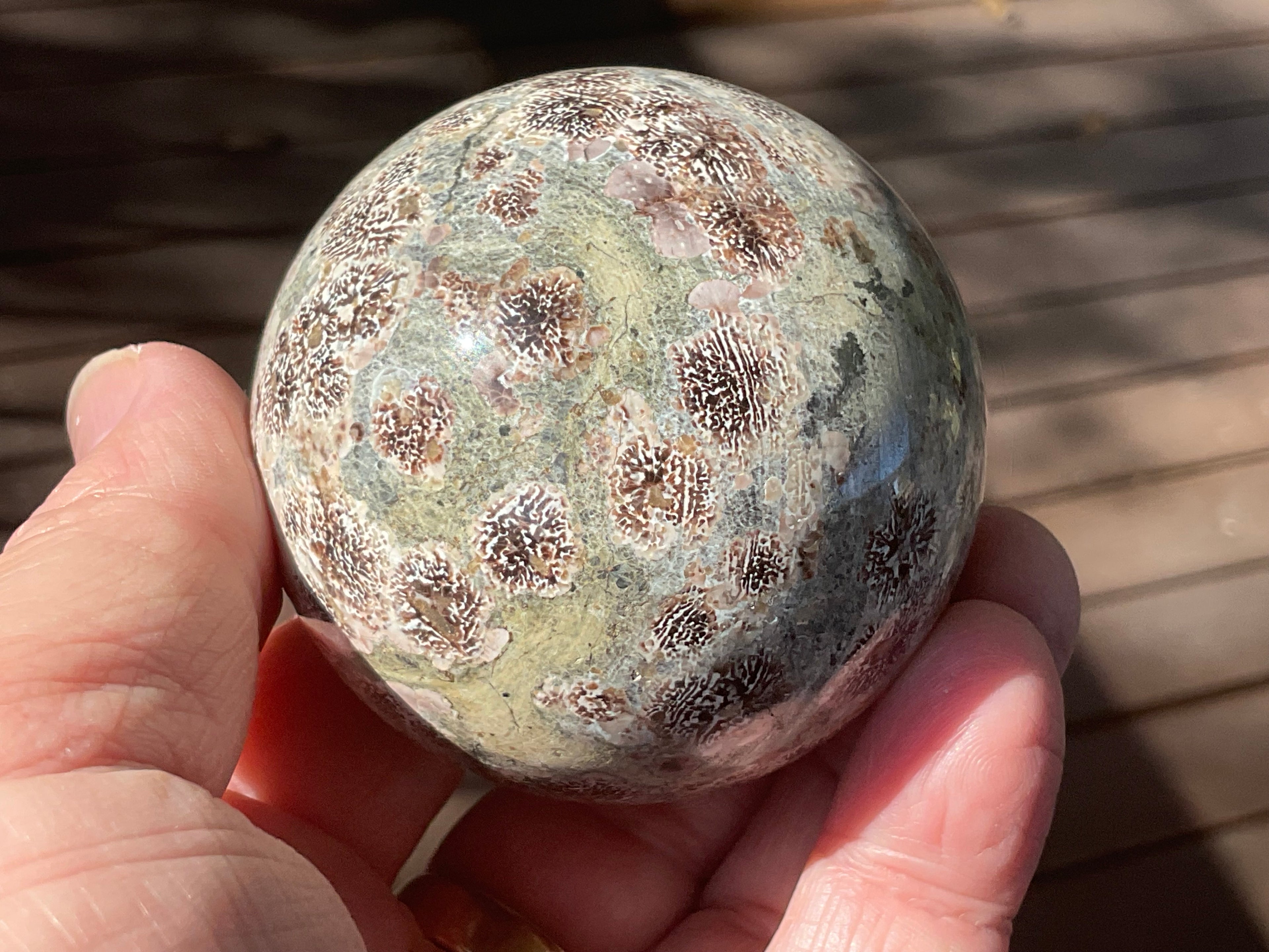 262g Green Cherry Blossom Jasper Sphere 6A