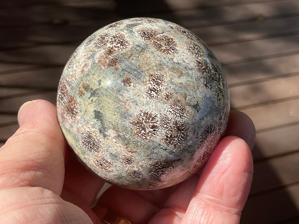 262g Green Cherry Blossom Jasper Sphere 6A