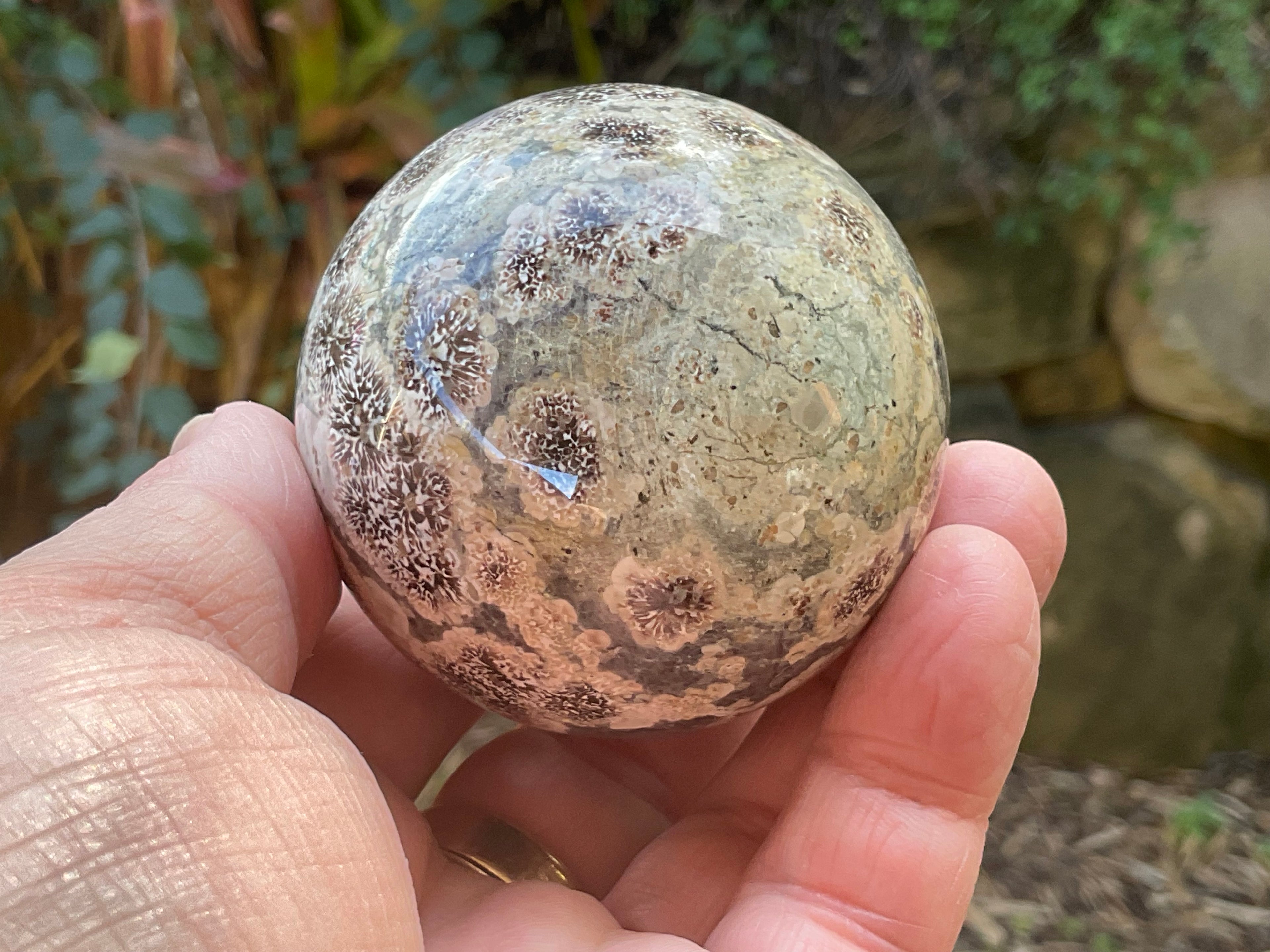 269g Green Cherry Blossom Jasper Sphere 6B
