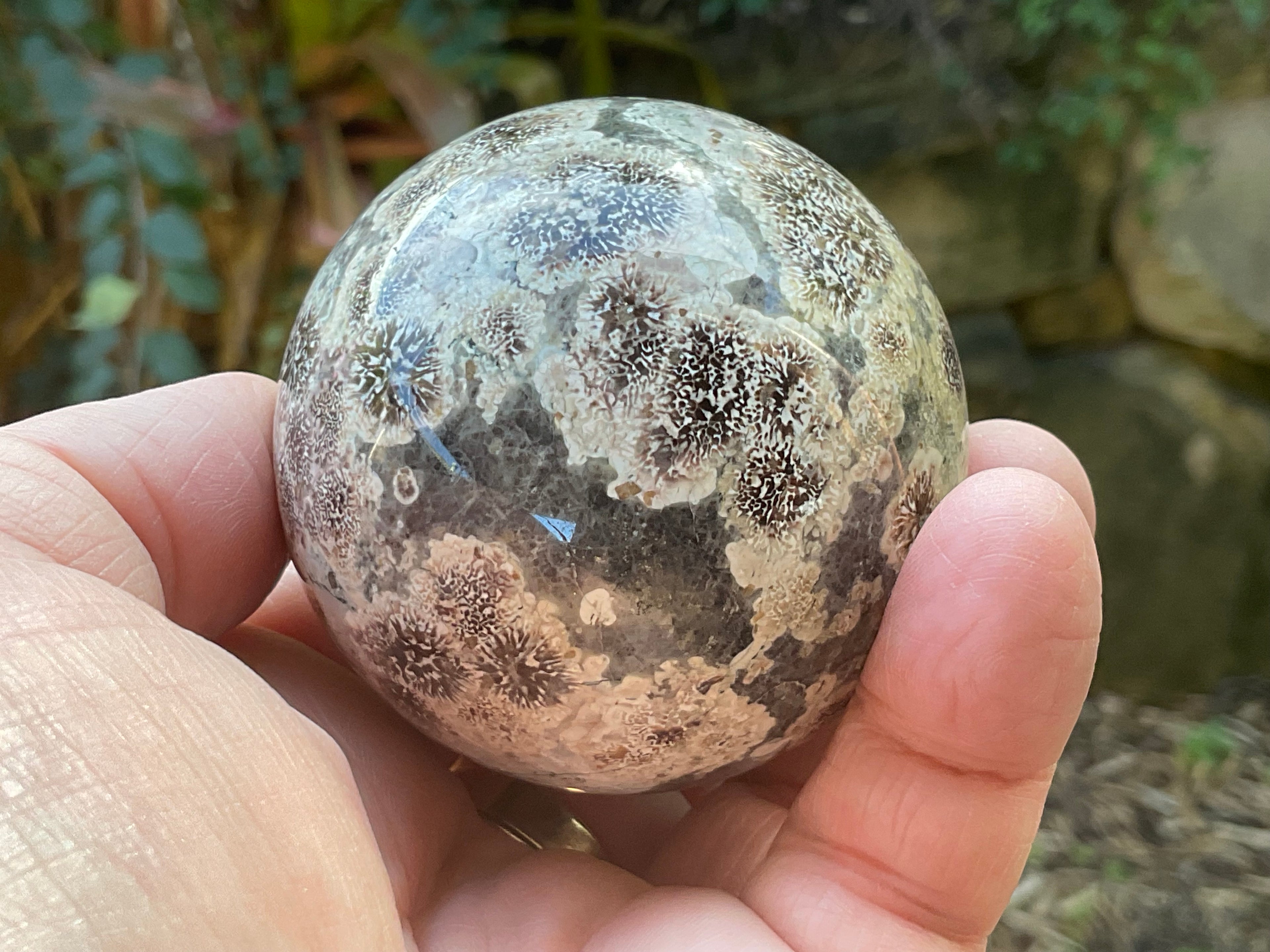 269g Green Cherry Blossom Jasper Sphere 6B
