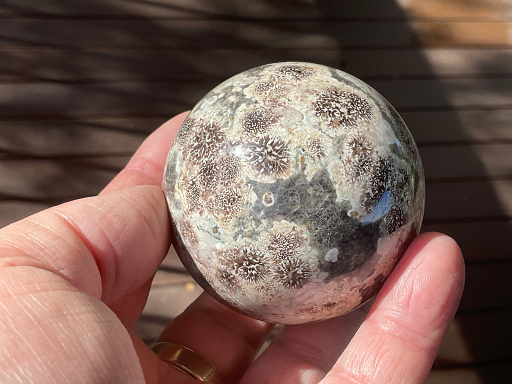 269g Green Cherry Blossom Jasper Sphere 6B