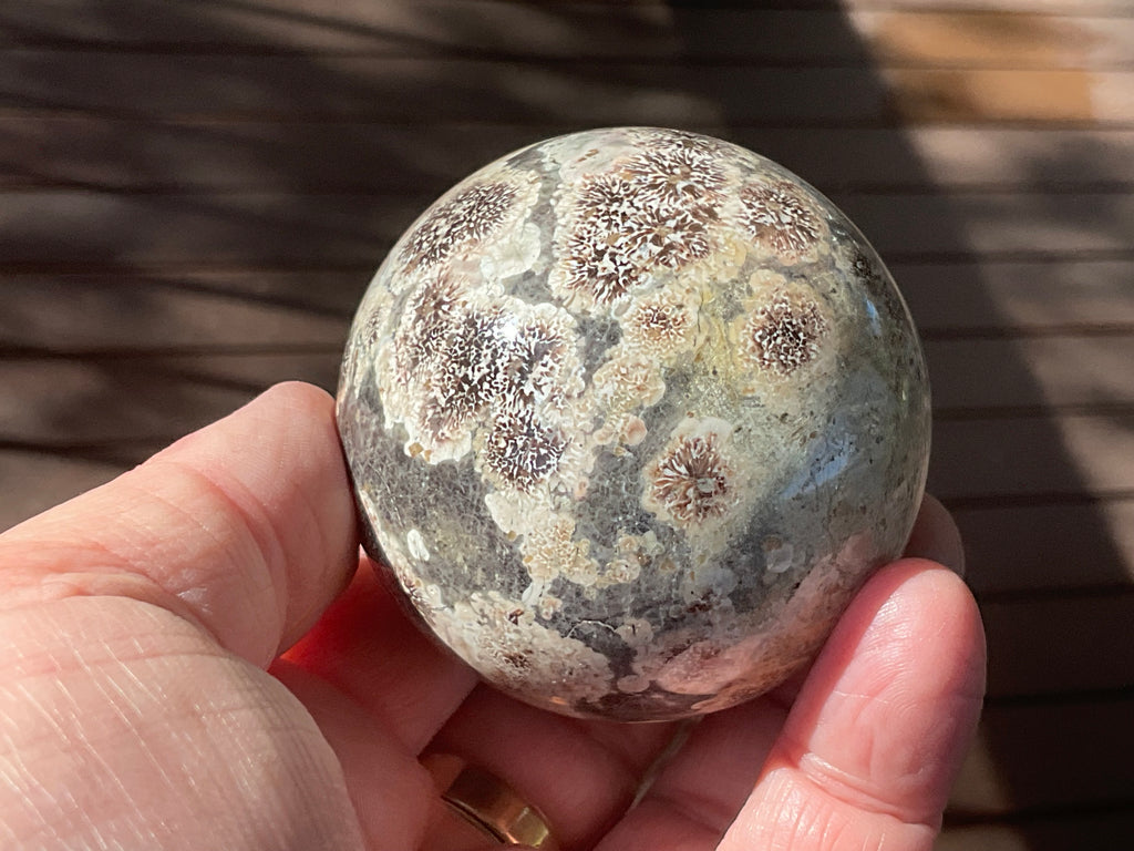 269g Green Cherry Blossom Jasper Sphere 6B