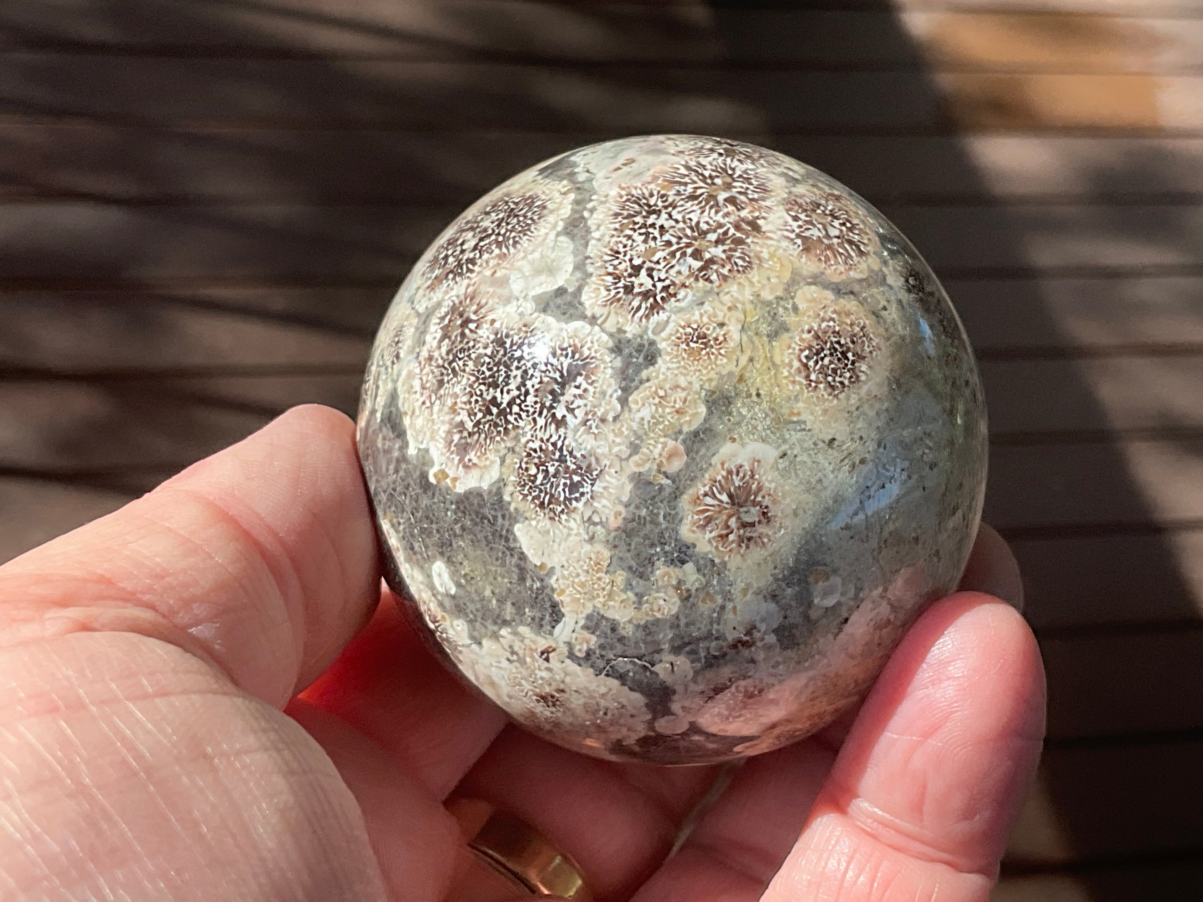269g Green Cherry Blossom Jasper Sphere 6B