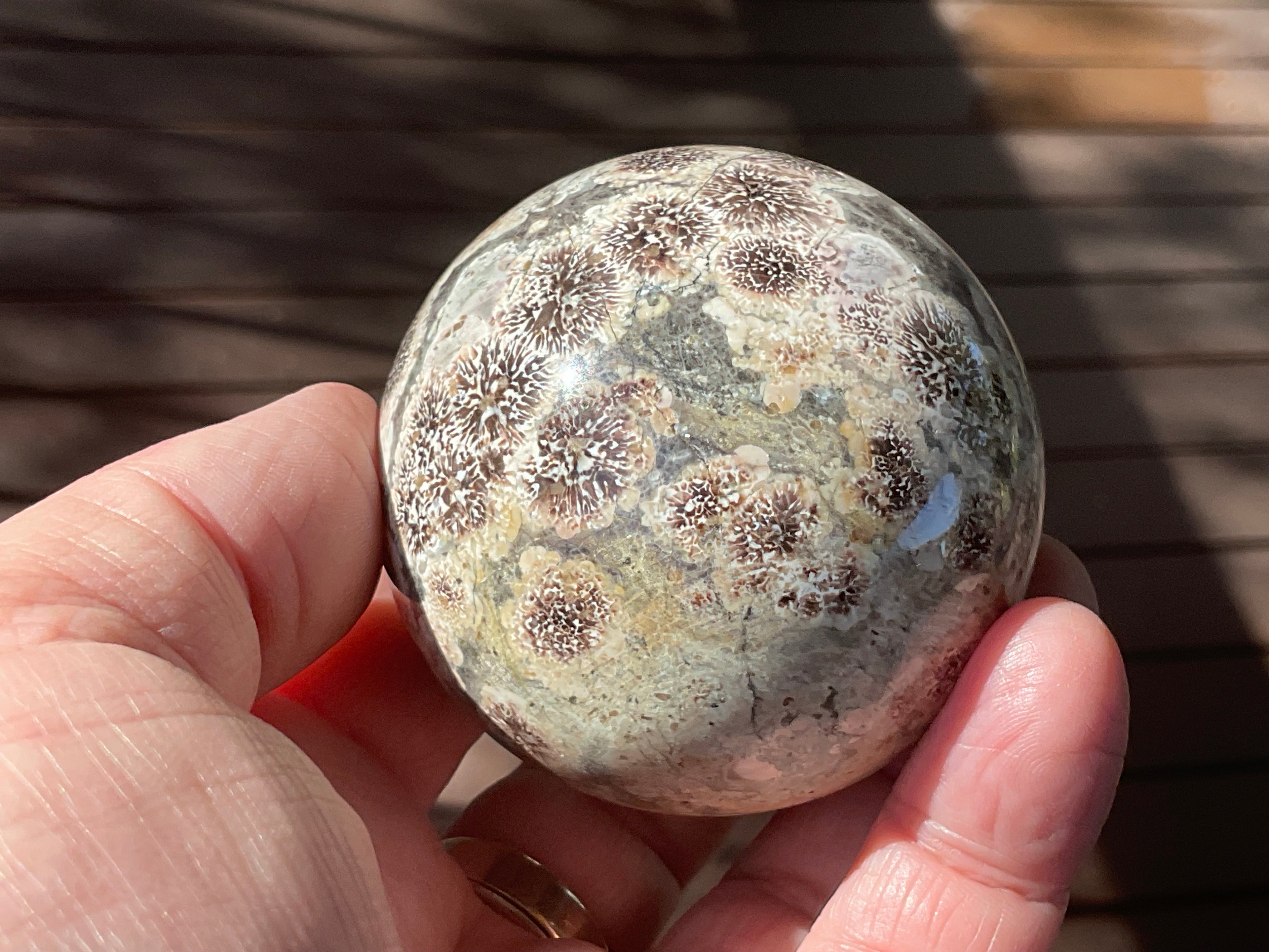 269g Green Cherry Blossom Jasper Sphere 6B
