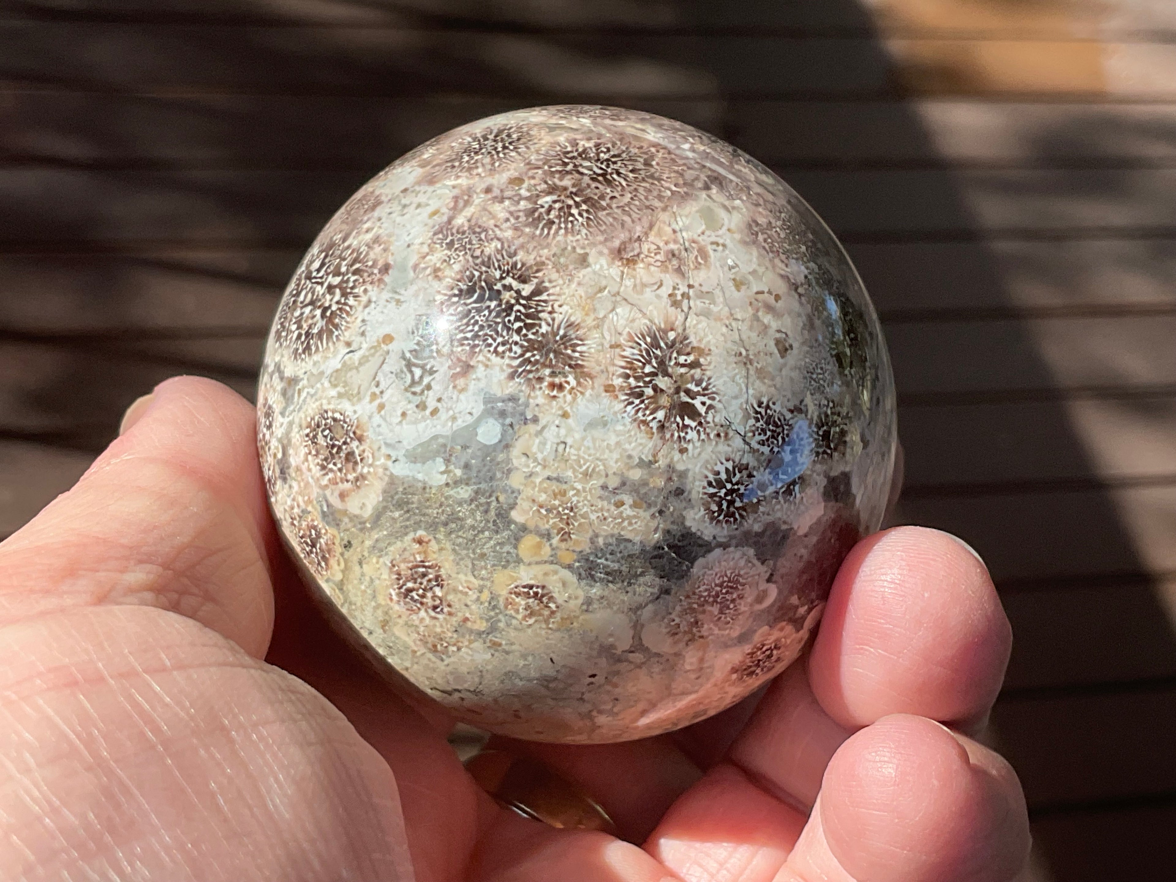 269g Green Cherry Blossom Jasper Sphere 6B