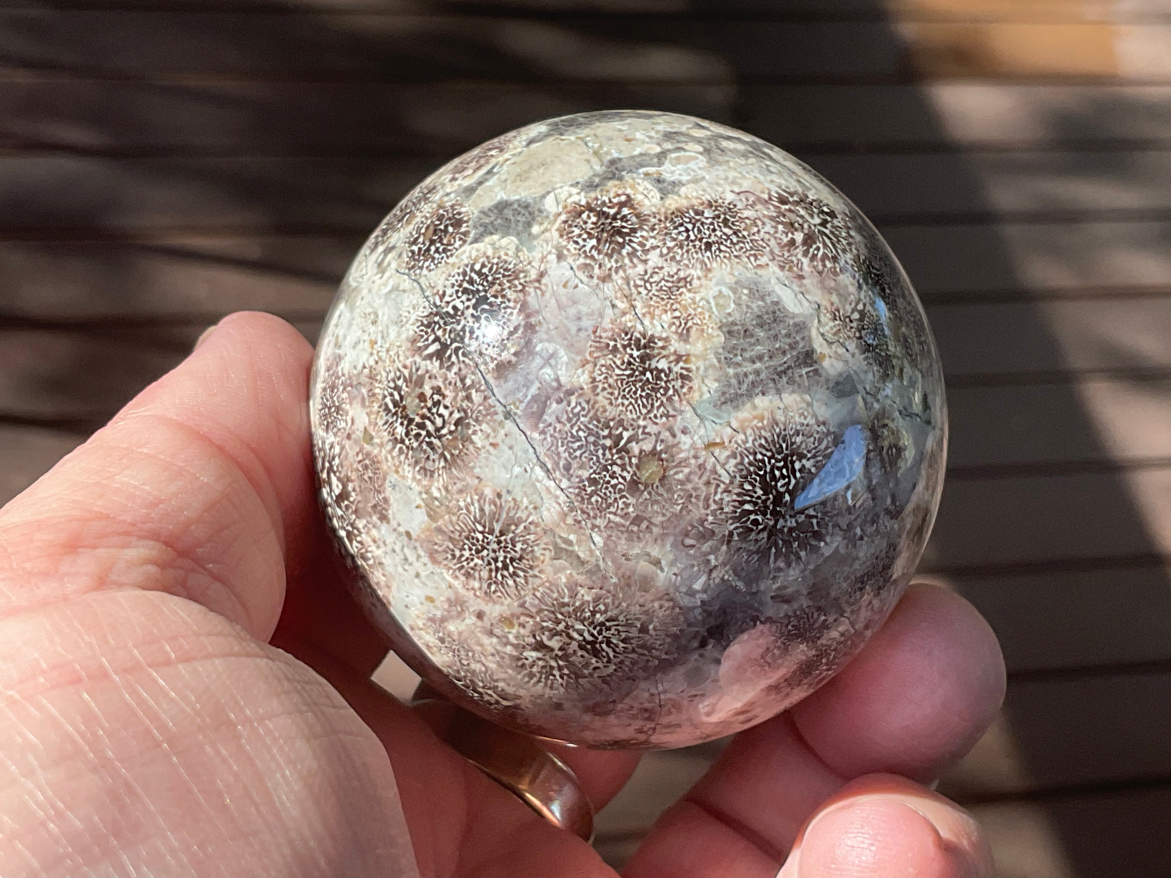 269g Green Cherry Blossom Jasper Sphere 6B