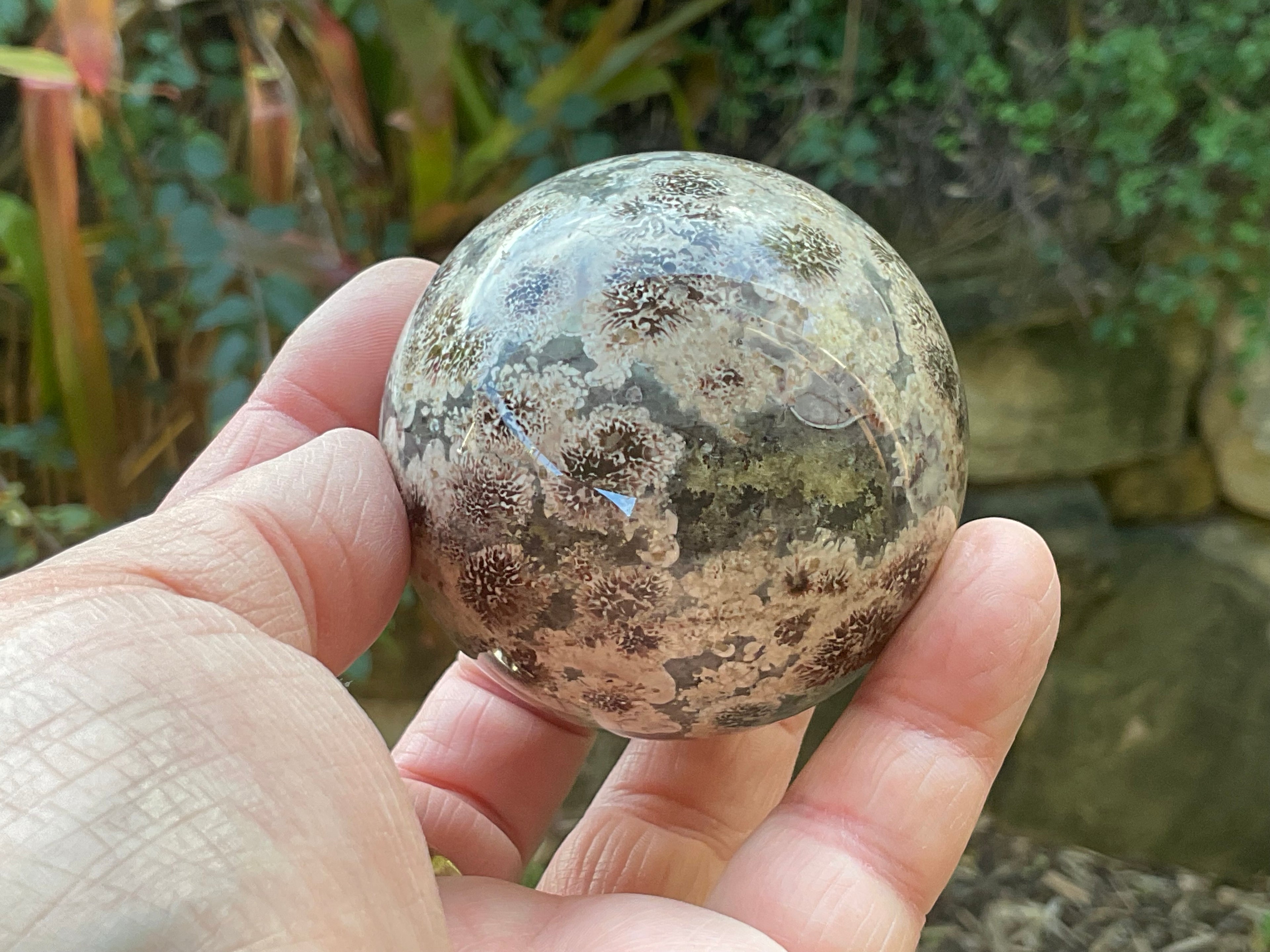 303g Green Cherry Blossom Jasper Sphere 7A