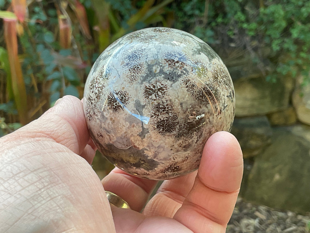 303g Green Cherry Blossom Jasper Sphere 7A