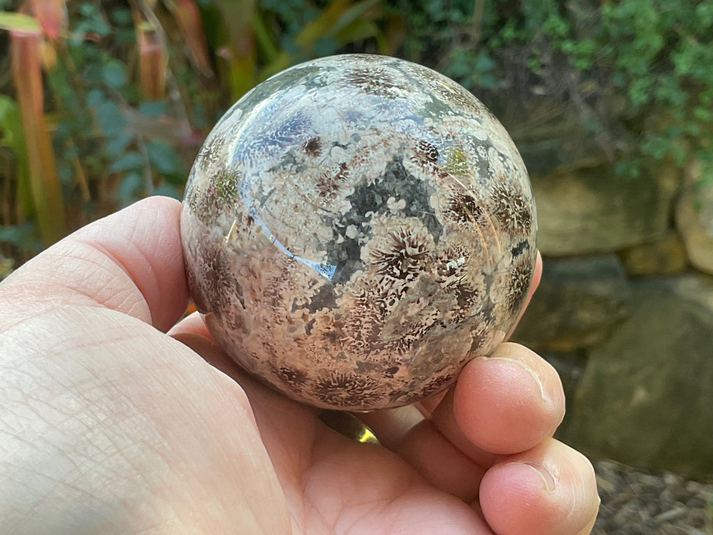303g Green Cherry Blossom Jasper Sphere 7A