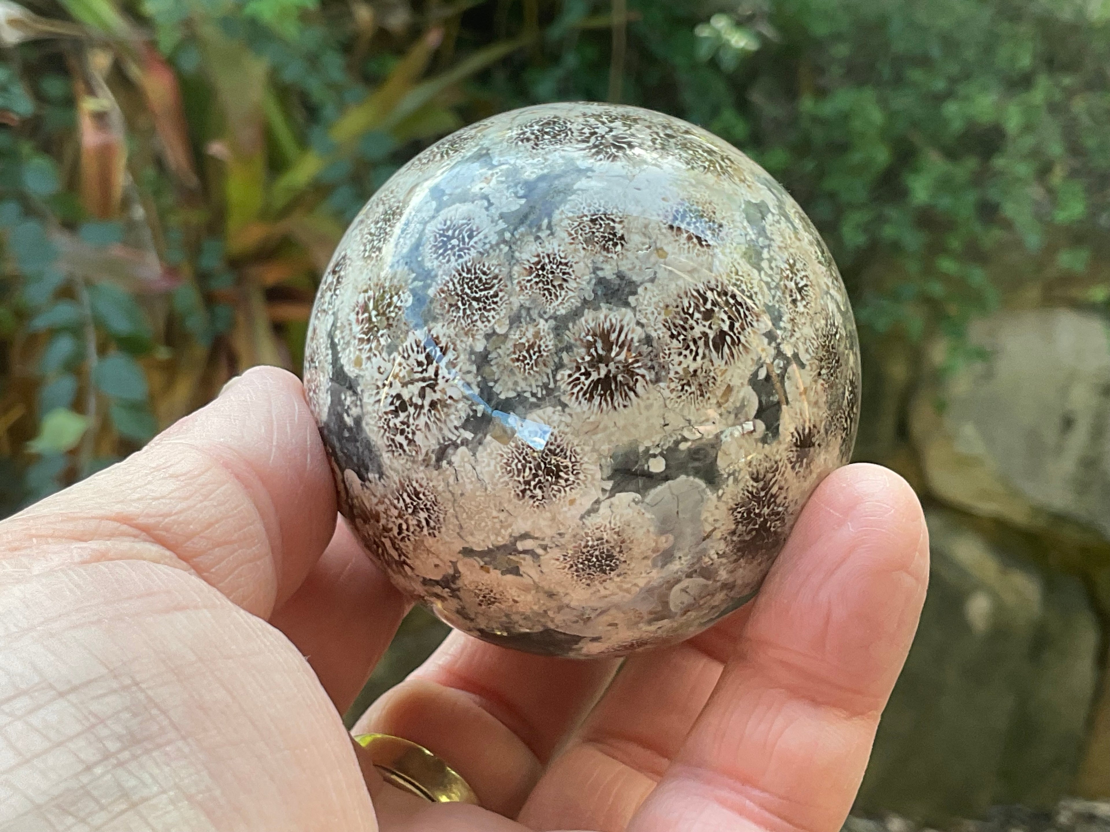 303g Green Cherry Blossom Jasper Sphere 7A