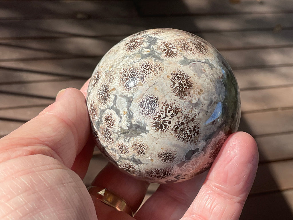 303g Green Cherry Blossom Jasper Sphere 7A