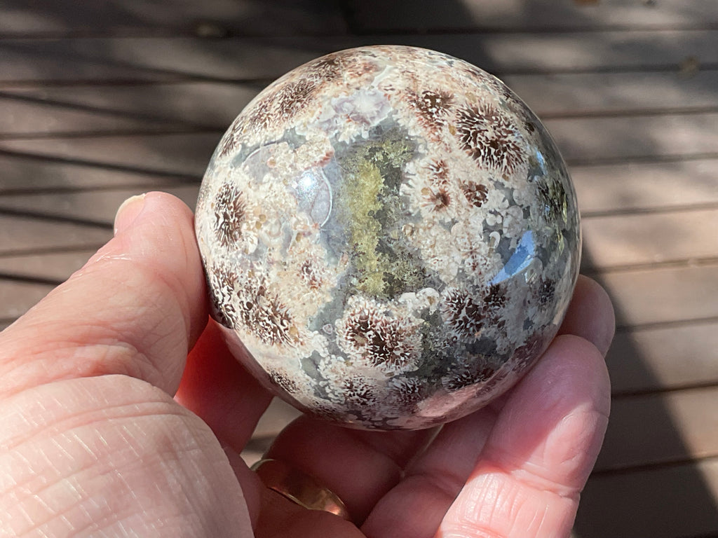303g Green Cherry Blossom Jasper Sphere 7A