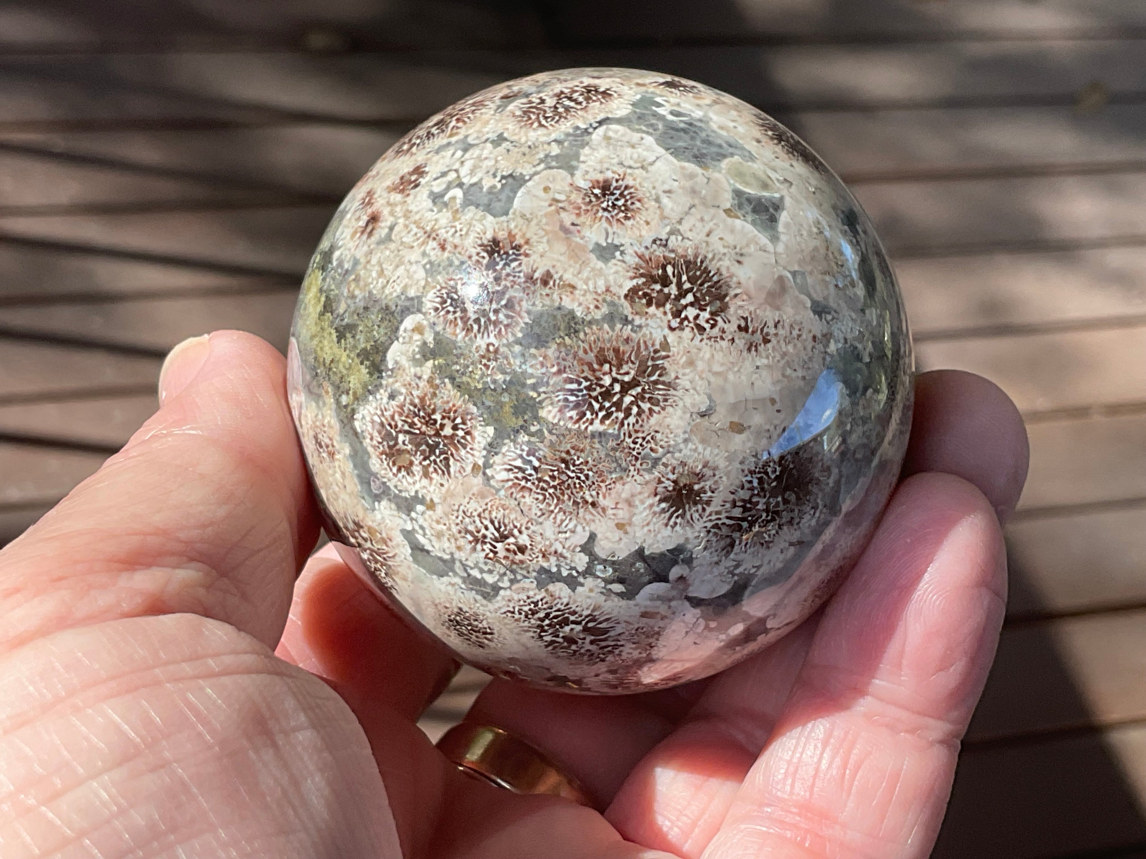 303g Green Cherry Blossom Jasper Sphere 7A