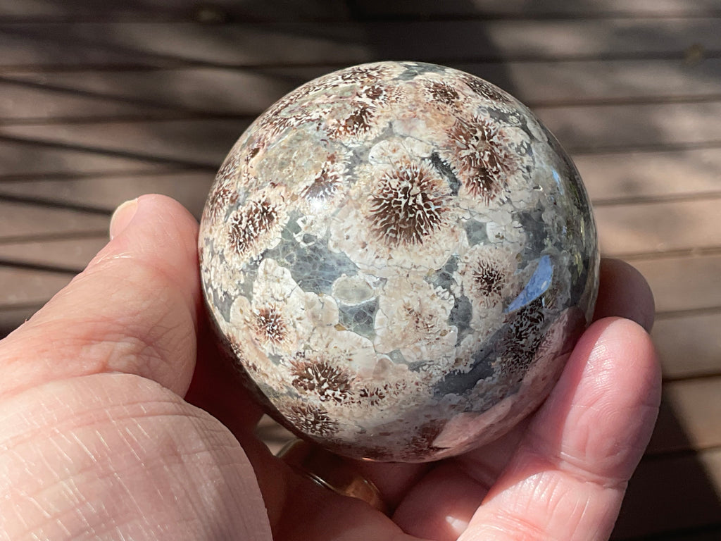 303g Green Cherry Blossom Jasper Sphere 7A