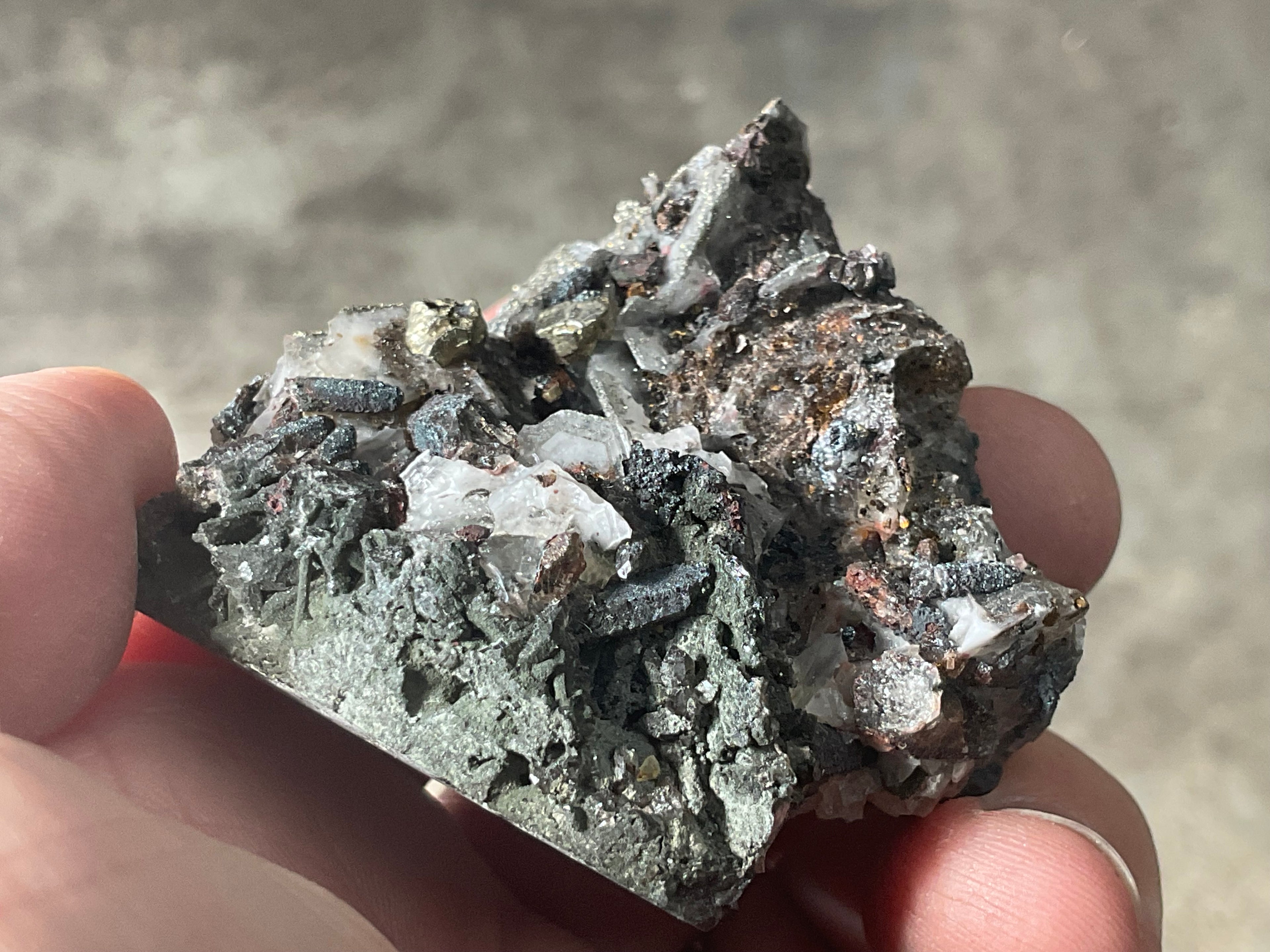 92g Pyrite encrusted Calcite on Limonite Quartz Specimen 4A from Fujian, China