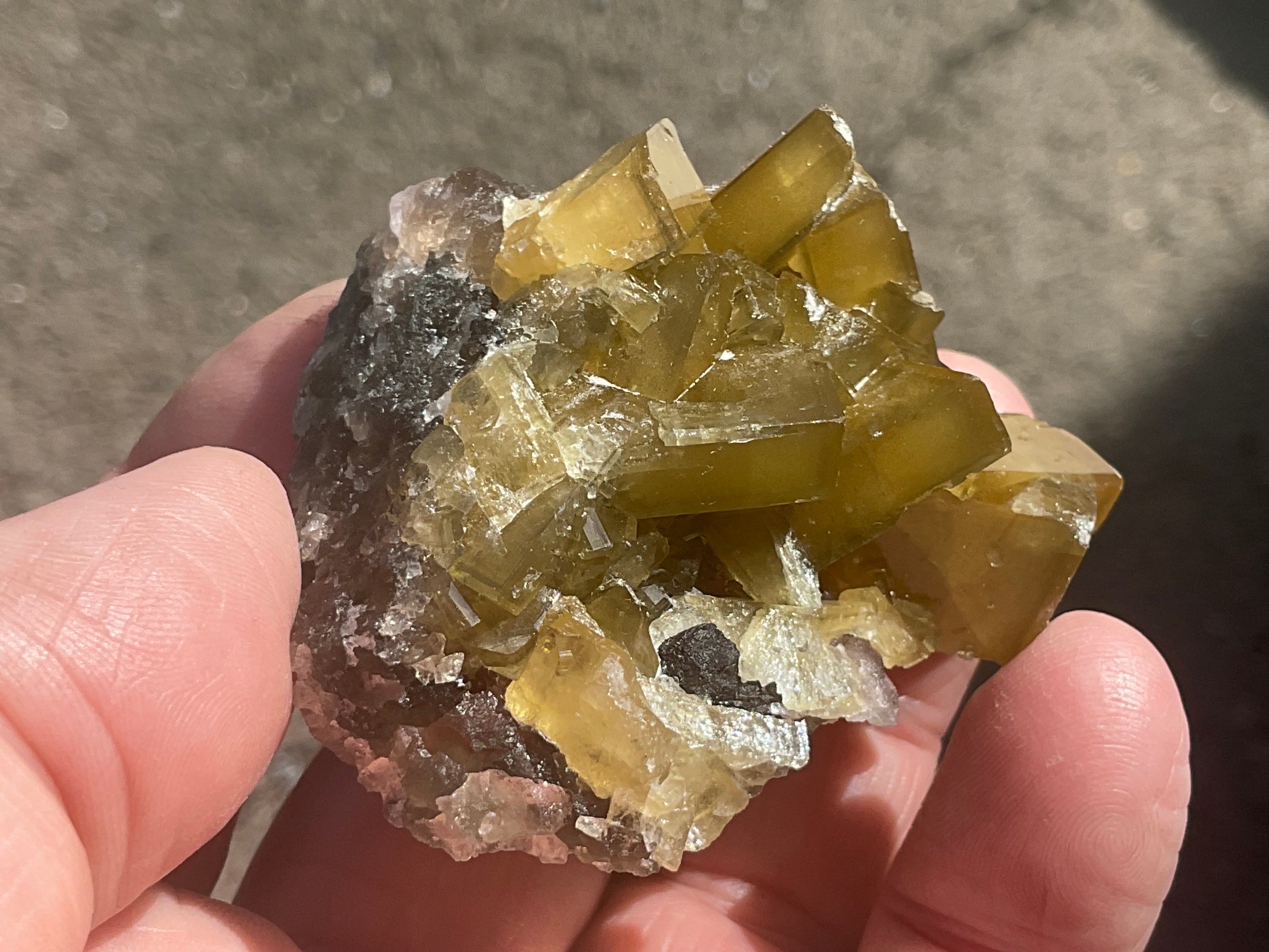 90g Tabular Golden Baryte on Botryoidal Fluorite Specimen 1B from Jiangxi