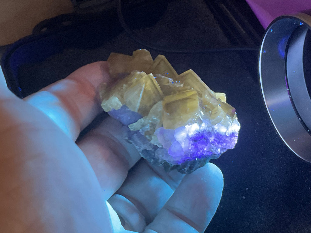90g Tabular Golden Baryte on Botryoidal Fluorite Specimen 1B from Jiangxi