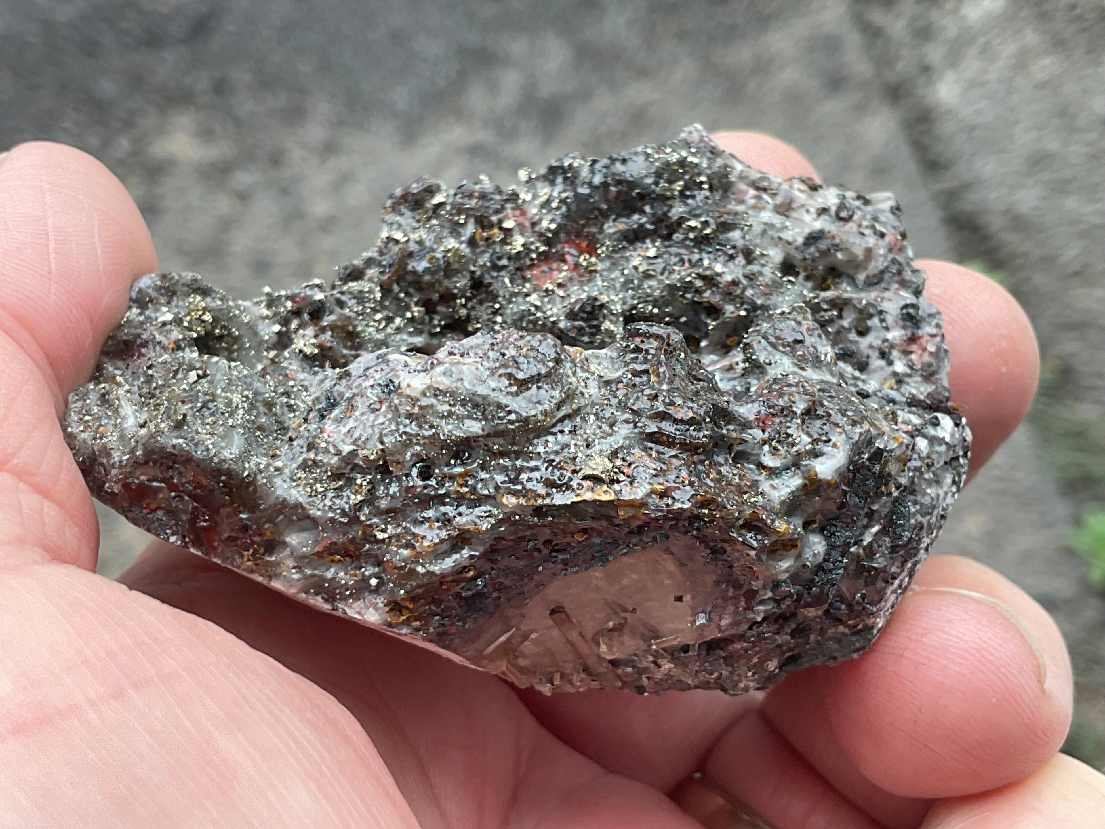 100g Pyrite encrusted Calcite on Limonite Quartz Specimen 4B from Fujian, China