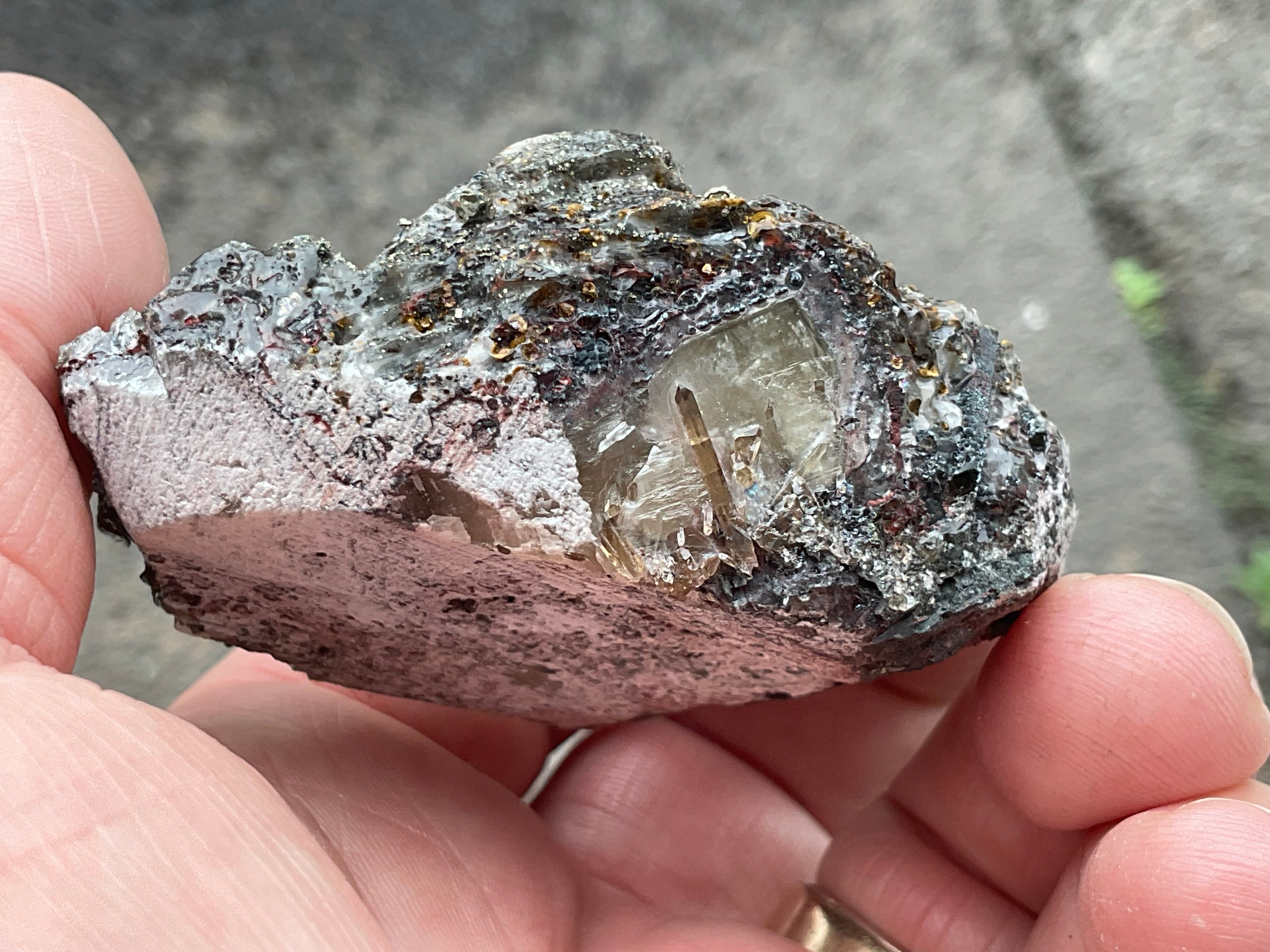 100g Pyrite encrusted Calcite on Limonite Quartz Specimen 4B from Fujian, China