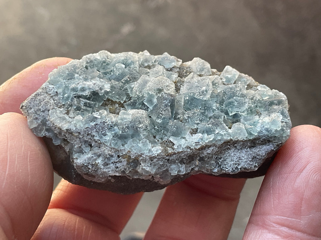 72g Teal Sugar Cubic Fluorite on Druzy Chalcedony Specimen 2A from Fujian, China