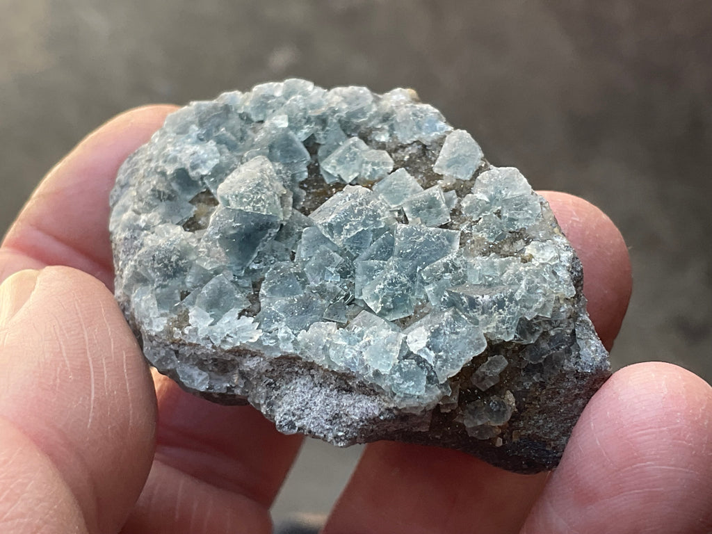 72g Teal Sugar Cubic Fluorite on Druzy Chalcedony Specimen 2A from Fujian, China