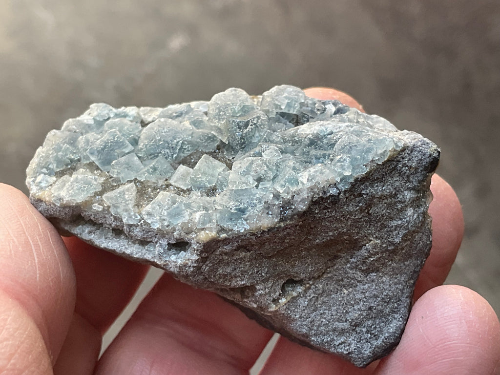 72g Teal Sugar Cubic Fluorite on Druzy Chalcedony Specimen 2A from Fujian, China