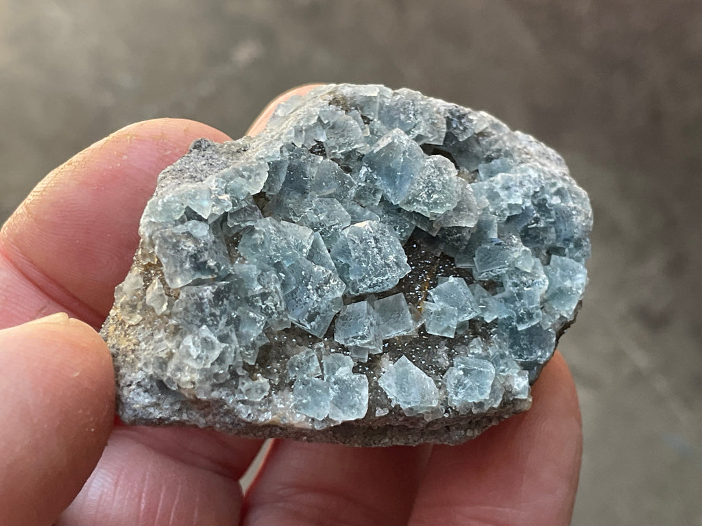72g Teal Sugar Cubic Fluorite on Druzy Chalcedony Specimen 2A from Fujian, China
