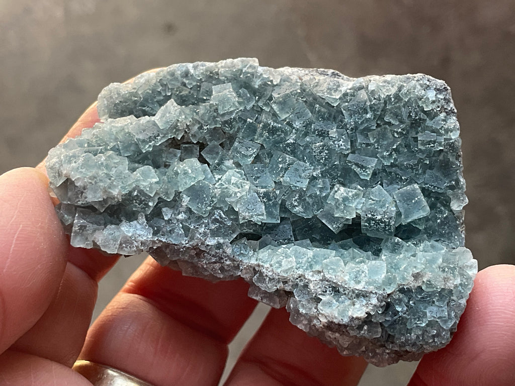 82g Teal Sugar Cubic Fluorite on Druzy Chalcedony Specimen 2B from Fujian, China