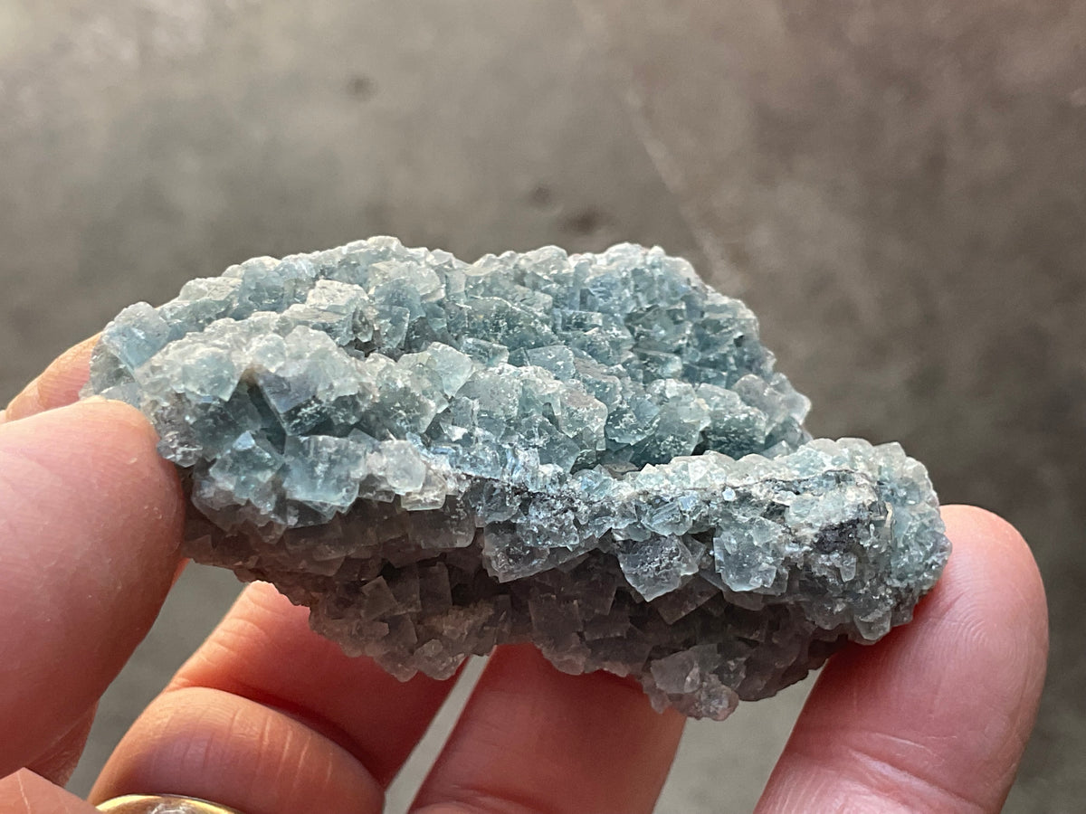 82g Teal Sugar Cubic Fluorite on Druzy Chalcedony Specimen 2B from Fujian, China