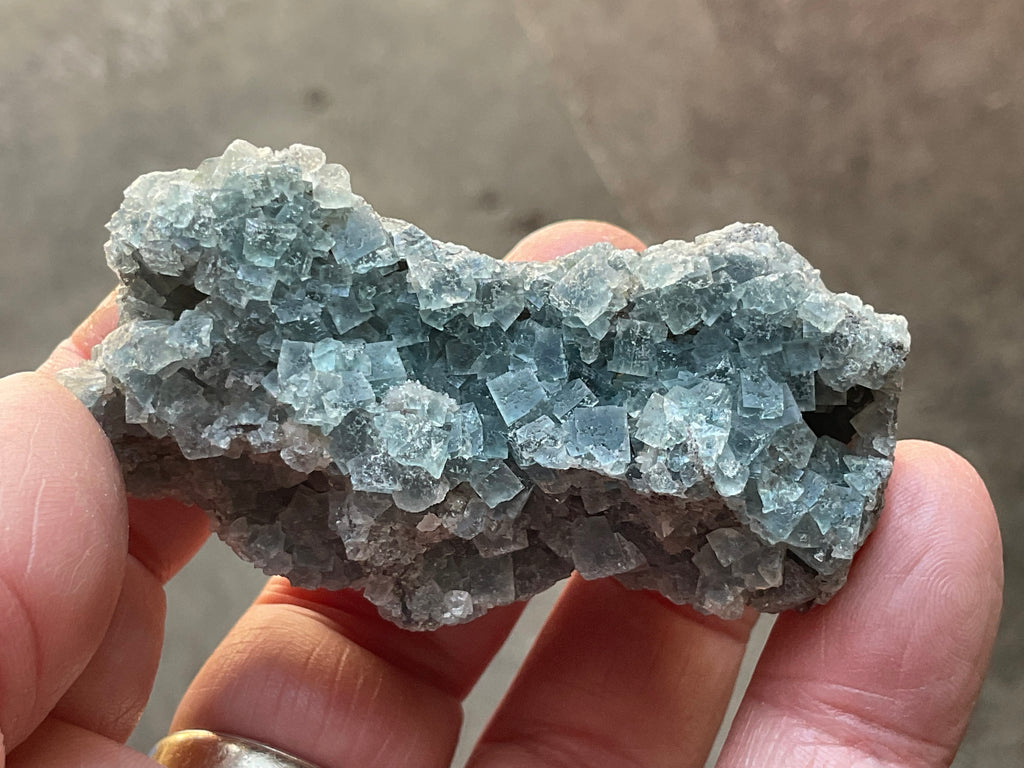 82g Teal Sugar Cubic Fluorite on Druzy Chalcedony Specimen 2B from Fujian, China