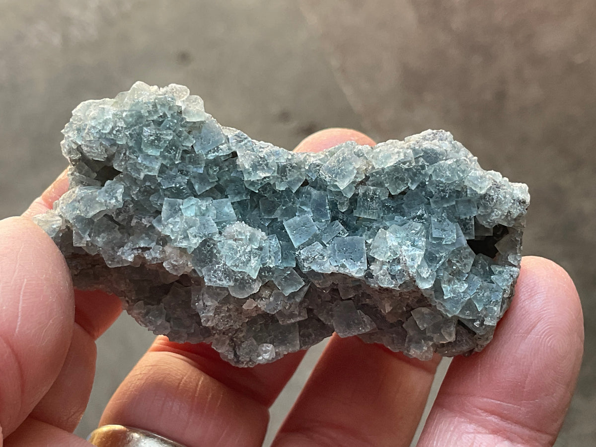 82g Teal Sugar Cubic Fluorite on Druzy Chalcedony Specimen 2B from Fujian, China