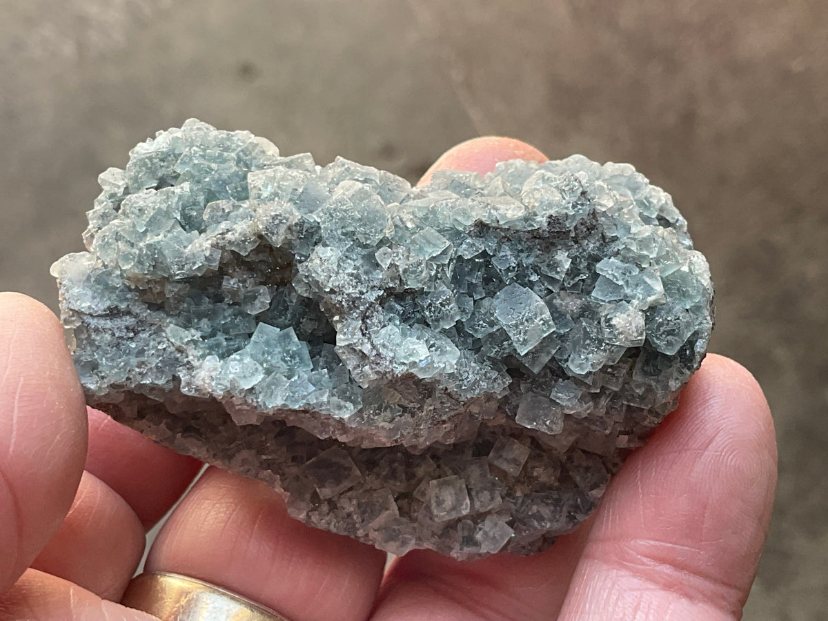 82g Teal Sugar Cubic Fluorite on Druzy Chalcedony Specimen 2B from Fujian, China
