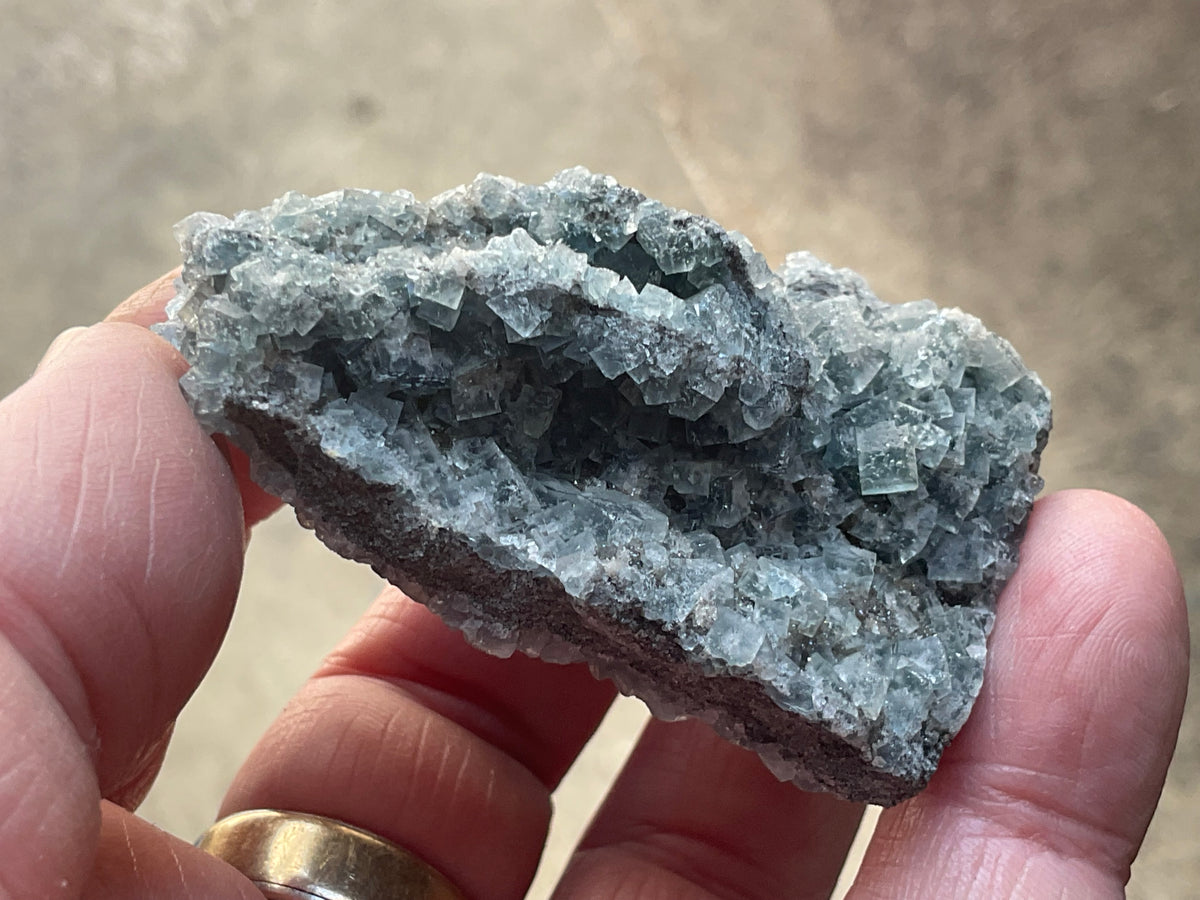82g Teal Sugar Cubic Fluorite on Druzy Chalcedony Specimen 2B from Fujian, China