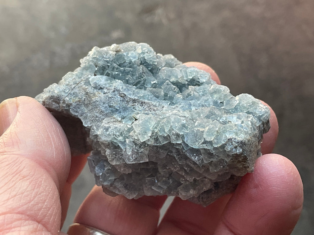 114g Teal Sugar Cubic Fluorite on Druzy Chalcedony Specimen 2C from Fujian, China