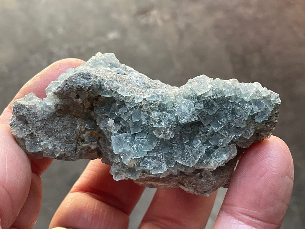 114g Teal Sugar Cubic Fluorite on Druzy Chalcedony Specimen 2C from Fujian, China