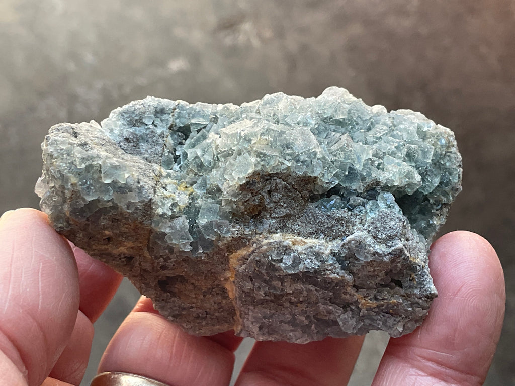 114g Teal Sugar Cubic Fluorite on Druzy Chalcedony Specimen 2C from Fujian, China