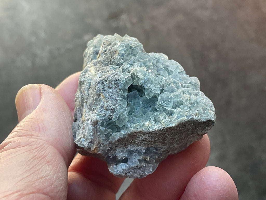 114g Teal Sugar Cubic Fluorite on Druzy Chalcedony Specimen 2C from Fujian, China