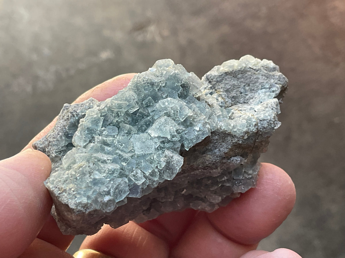 114g Teal Sugar Cubic Fluorite on Druzy Chalcedony Specimen 2C from Fujian, China