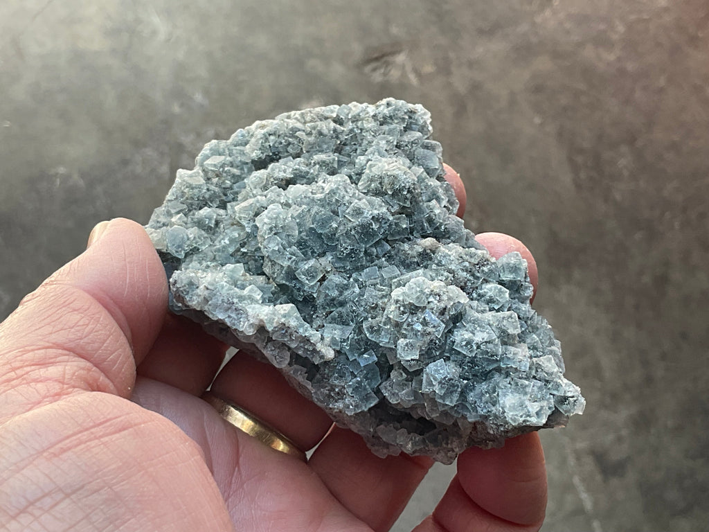 164g Teal Sugar Cubic Fluorite on Druzy Chalcedony Specimen 4A