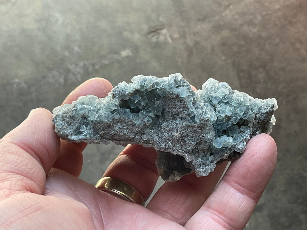 164g Teal Sugar Cubic Fluorite on Druzy Chalcedony Specimen 4A