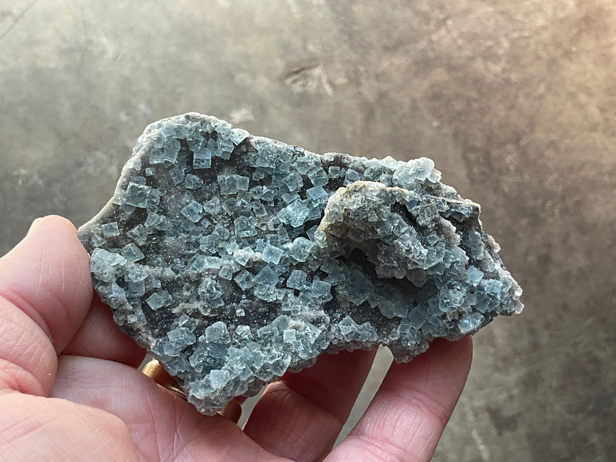 164g Teal Sugar Cubic Fluorite on Druzy Chalcedony Specimen 4A
